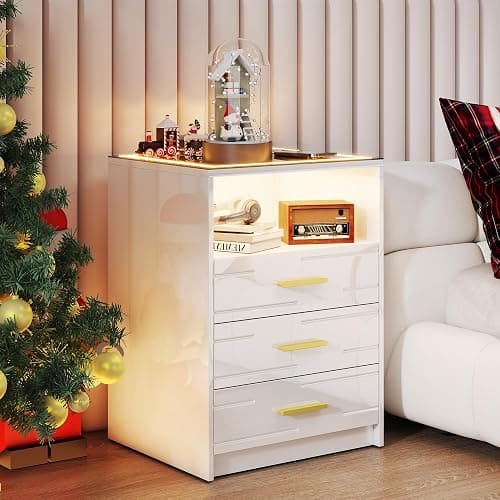 JDPAG High Gloss LED Nightstand with Charging Station & 3 Color Dimmable Light Modern for Bedroom White, Smart Bedside Table with 3 Drawers & USB Type-C Port for Home thumbnail 9