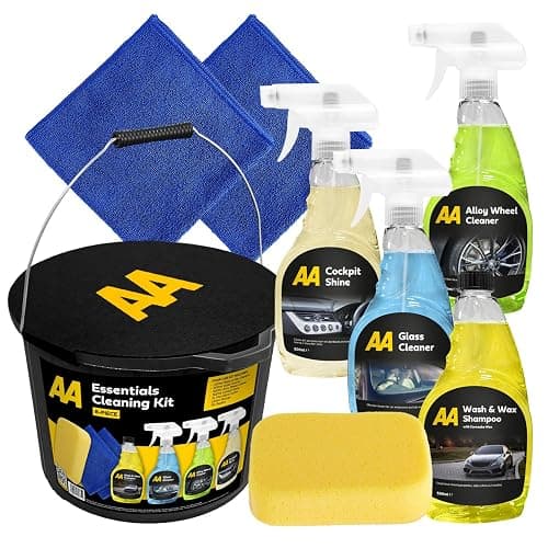 AA Car Cleaning Kit, 8-Piece Set with 4 Cleaners, Microfibre Cloths, Sponge and Bucket - Image 1