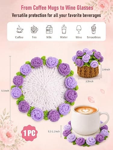 KQJS Crochet Flower Bouquet Coasters, Cotton Rose Gifts for Home Decor 1Pc | Purple Flower Blanket Bouquet Decorations for Living Room Desk, Cute Gifts for Mothers Day, Birthday, Christmas, Thank You thumbnail 3