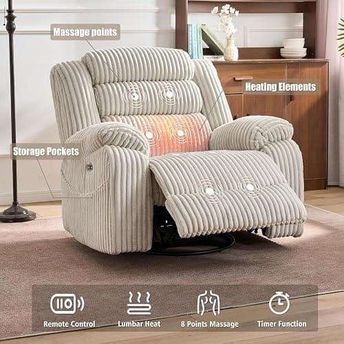 SINCRUMI Power Swivel Rocker Recliner Chair for Adults with Massage and Heat, USB and Type-C Charging Port, Infinite Position, Electric Glider Rocking Chairs for Living Room, Nursery, Pale Grey thumbnail 7