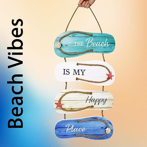 Wooden Flip Flop Beach Decor Sign Nautical Coastal Wood Wall Decor with Rope Hanger Summer Indoor and Outdoor Wall Accent for Bathroom, Bedroom & Living Room thumbnail 4