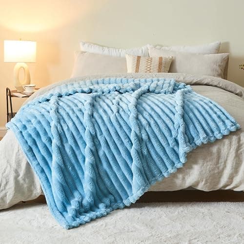 NEWCOSPLAY Super Soft Throw Blanket Blue Premium Silky Flannel Fleece 3D Ribbed Jacquard Lightweight Bed Blanket All Season Use (Blue Ribbed, Throw(50"x60")) thumbnail 9