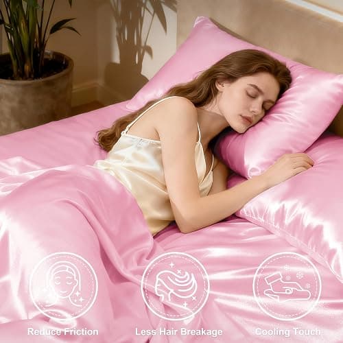 Love's cabin Twin Satin Sheets Sets - 3 Piece Pink Silky Bed Sheets with Deep Pockets, Luxury Silk Feel Satin Twin Size Sheet Set Bedding Set (1 Flat Sheet,1 Fitted Sheet,1 Pillow case) thumbnail 3