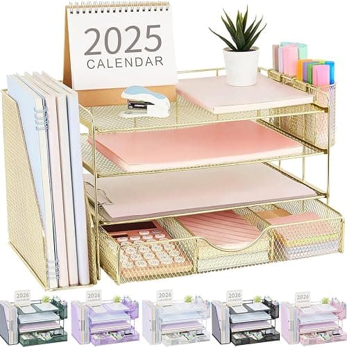gianotter Desk Organizers and Accessories with File Holder, 4-Tier Desk Accessories & Workspace Organizers with Drawer and 2 Pen Holder, Paper Organizer for Office Supplies(Gold) - Image 1