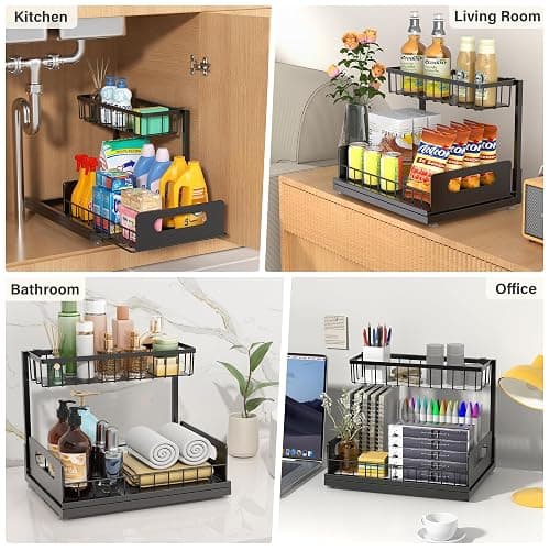 MERATIA Under Sink Organizer 2 Tier, Pull Out Drawer Slides Under Sink Storage for Bathroom Kitchen,Multi-Purpose Drawer Under Cabinet Organizer for Cleaning Supplies (Black, 2 Pack) thumbnail 5