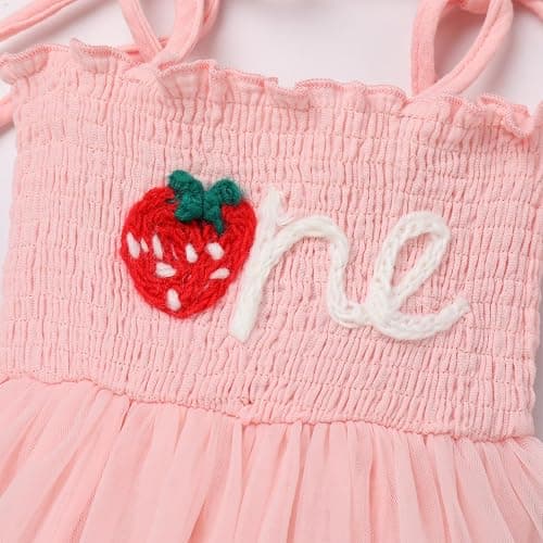 IBTOM CASTLE Baby Girl 1st Birthday Outfit Floral Strawberry Smocked Tutu Dress One Year Old Birthday Cake Smash Photoshoot thumbnail 4