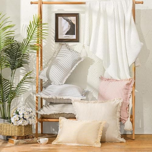 ZWJD Throw Pillow Covers 20x20 Set of 2 Striped Pillow Covers with Fringe Chic Cotton Decorative Pillows Square Cushion Covers for Sofa Couch Bed Living Room Farmhouse Decor thumbnail 3
