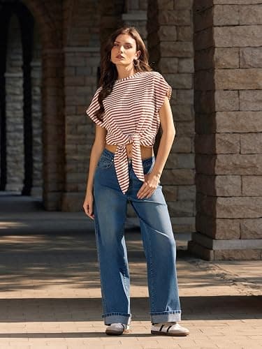 Vinova Womens Wide Leg Baggy Jeans Stretchy Folded Hem Cuffed Boyfriend Denim Pants Trendy Straight Leg Trouser Jeans thumbnail 4
