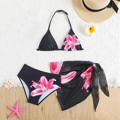 Bikini Set Mädchen 3 Teiliges Blumenmuster Badeanzug Push Up Neckholder Bademode Sommer Badebekleidung mit Rock thumbnail 2