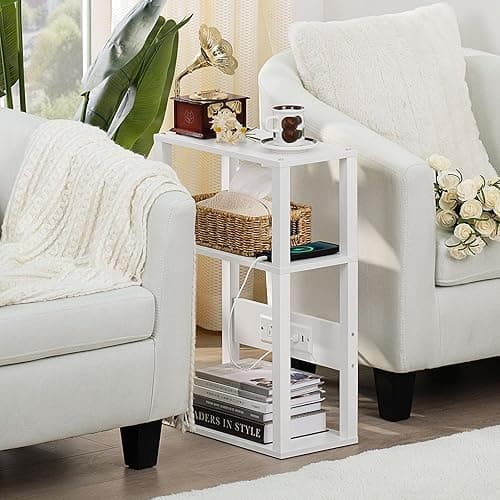 YUFAM 3-Tier Small Narrow Wood Side Table with Charging Station, Skinny Nightstand for Small Space, Slim Bedside Table with Storage for Couch, Thin End Table with USB Ports and Outlets, White - 1 Pack - White thumbnail 5