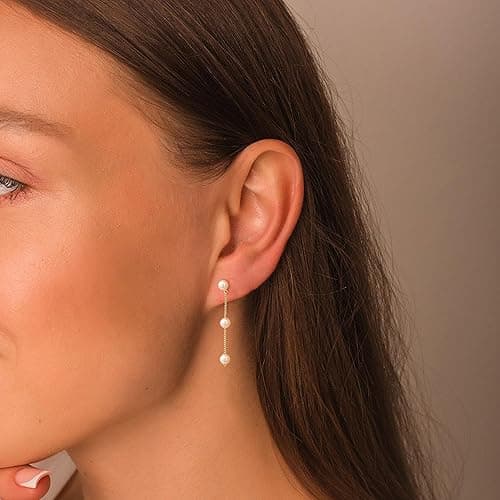 Moodear Dainty Pearl Dangle Earrings for Women - Trendy 14K Gold Plated Pearl Hypoallergenic Drop Earring Wedding Jewelry Gift thumbnail 3