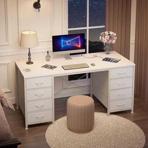 50 Inch Computer Desk with 8 Drawers for Home Office, Bedroom, Living Room | Home Office Desk with Power Outlets, Work Study Gaming Desk with 8 Fabric Drawers, Vanity Desk for Bedroom thumbnail 3