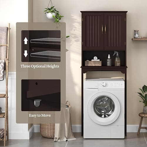 Yaheetech Over The Toilet Storage with 2 Doors & Adjustable Shelf, Free Standing Toilet Rack Wooden Space-saving Collect Cabinet, Bathroom Furniture, 9Dx24.5Wx66H Inches, Espresso thumbnail 7