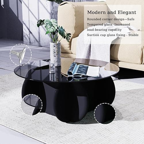 Black Glass Top Coffee Table Modern Elegant Round Coffee Tables with Solid Wood Legs and Tempered Glass Tabletop for Living Room Home Small Space Reception Office Tables 31.5" thumbnail 4