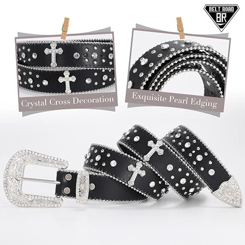Rhinestone Belt for Women Men Cowboy Cowgirl Bling Leather Belt with Cross | Women Western Belt, Premium Leather, Sparkly Studded Diamond Belt with Detachable Buckle, Cowgirl Belts for Music Festivals thumbnail 2