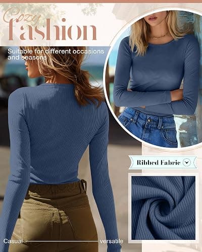 Riyiper 3 Pack Women's Long Sleeve Shirts, Cotton Crew Neck Ribbed Tops Slim Fit Casual Knit Tees Stretch Basic T Shirts 2025 thumbnail 4