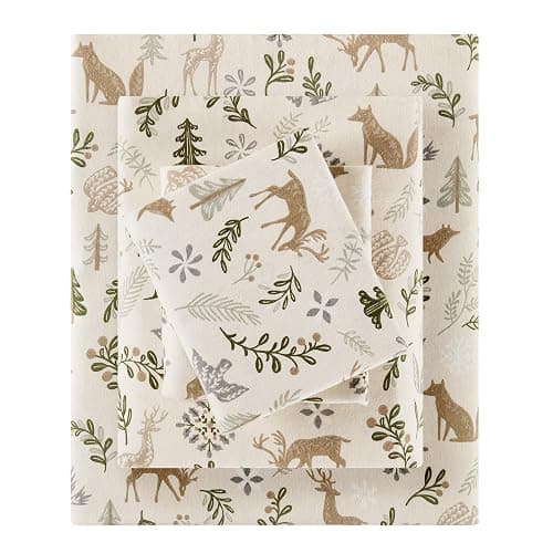 Sleep Philosophy True North 100% Cotton Flannel Sheets Queen Size, Cozy Flannel Sheet Set Brushed for Extra Softness, Heavyweight Novelty Print Warm Flannel Bedding Set, Tan Woodland Winter 4 Piece - Image 1