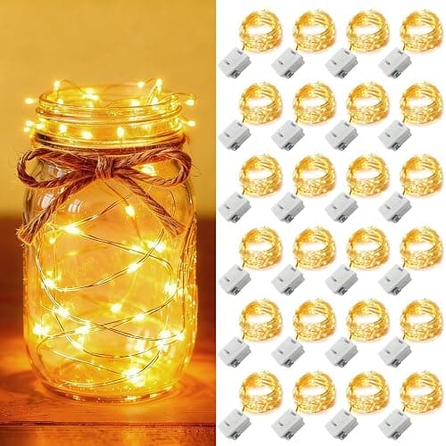 24 Pack Fairy Lights Battery Operated [3 Modes] 7ft 20 LED Mini Twinkle String Lights Waterproof Silver Wire Firefly Starry Lights for Wedding Party Mason Jars Christmas Decorations, Warm White - Image 1