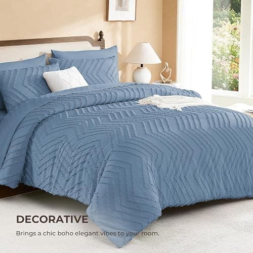 Litanika Full Comforter Set with Sheets, 7 Pieces Boho Bed in a Bag | Grey Blue Fluffy Lightweight Neutral Soft Warm Chevron Tufted Textured Bed Set thumbnail 3