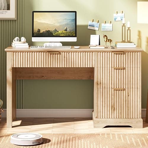 Vabches Fluted Executive Desk with Drawers, Wood Computer Desk with Ample File Drawer, Home Office Desk with Storage for Study, Bedroom, Living Room, Oak thumbnail 7