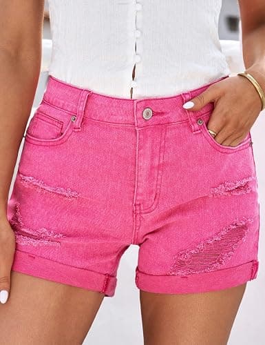 luvamia Women's Ripped High Waisted Denim Shorts Stretchy Cuffed Hem Jean Shorts thumbnail 5