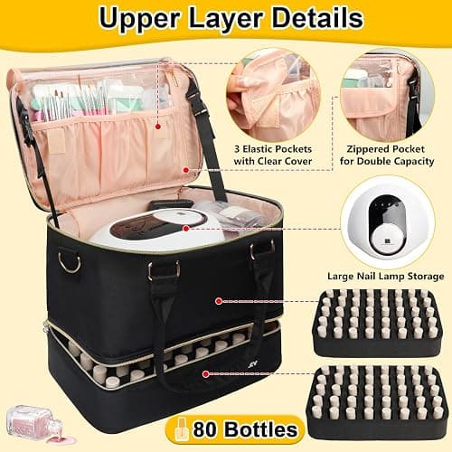 Covkev Nail Polish Organizer Hold 80 Bottles (15ml/0.5 fl.oz)& Nail Lamp, Double Layer Nail Bag Organizer Case with Handle, Large Nail Supplies& Kit Storage Case for Women Travel (Black& Golden) thumbnail 3