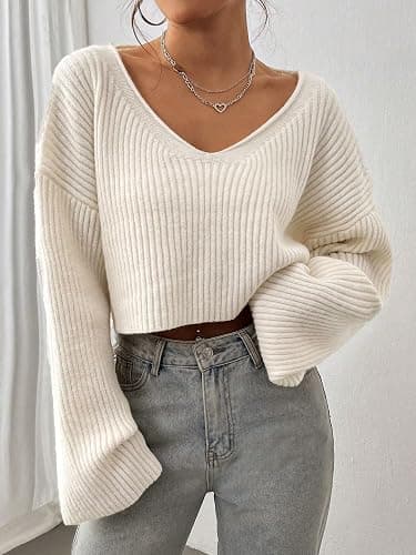 Floerns Women's Long Sleeve Pullover V Neck Drop Shoulder Rib Knit Sweaters Top - Small - Apricot thumbnail 3
