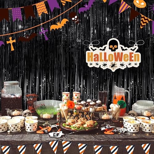 Black Foil Curtain Backdrop, 2Pack Metallic Tinsel Fringe Curtain Streamers | 3.3x8.3Ft Black Party Decoration for Birthday, Halloween, Wedding Bridal Baby Shower, Graduation, Door streamers, Photo Booth thumbnail 5