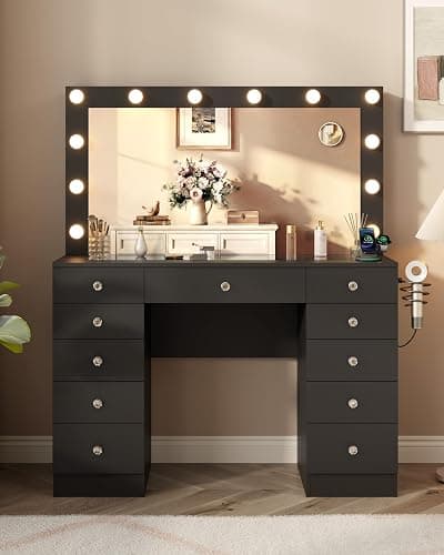Otterease Black Makeup Vanity, 11 Drawers Vanity with Mirror and 12 LED Lights, Makeup Vanity Desk with 3 Lighting Modes Adjustable Brightness, Vanity with Glass Top for Bedroom thumbnail 8