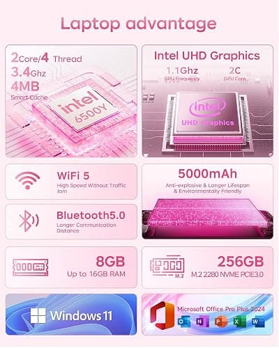 Zrasu 14" Pink Laptop Computer, Win11, Pentium Gold 6500Y (Up to 3.4GHz), 8GB RAM 256GB SSD, WiFi 5, BT 5.0, Portable Notebook for Study, Work, Entertainment thumbnail 7