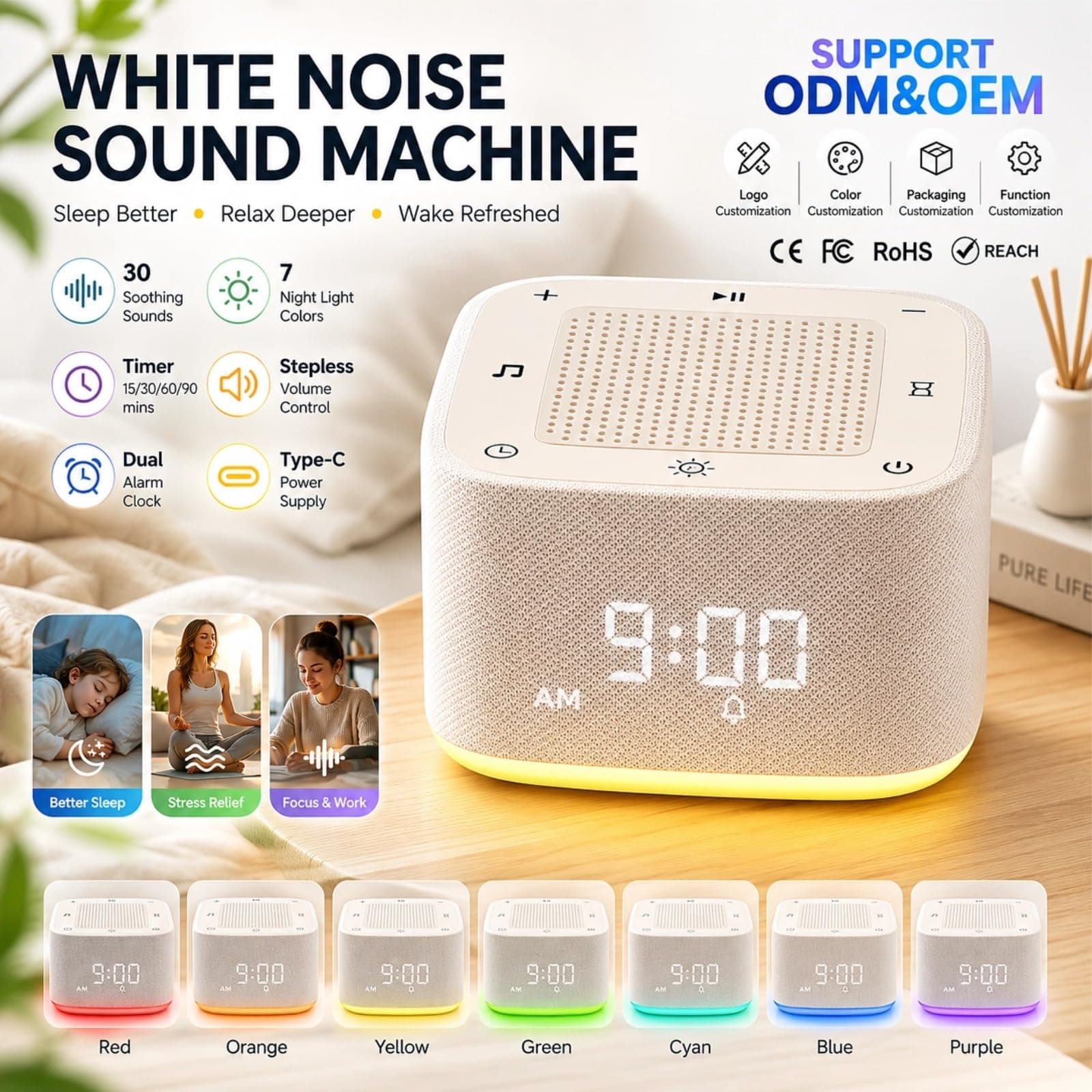 White Noise Machine, Bluetooth Speaker 32+ Soothing Sounds 5 Timer Setting thumbnail 5