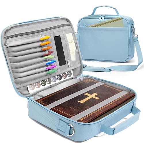 SUNEE Bible Cover for Women, Large Bible Bag w/Shoulder Strap Carrying Book Case w/Pen Slots and Zippered Pocket, Gift for Women & Men, Blue - Image 1