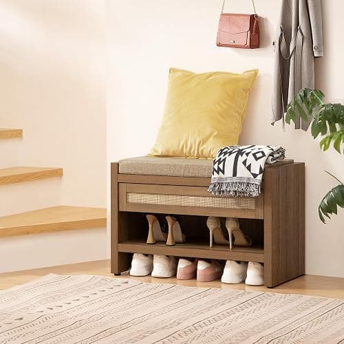 SICOTAS Rattan Shoe Bench Entryway Bench with Storage Drawer and Linen Seat Cushion, Farmhouse Boho Shoe Rack with Shelf, Wooden Storage Bench for Entryway Hallway and Bedroom, Caramel Oak thumbnail 3