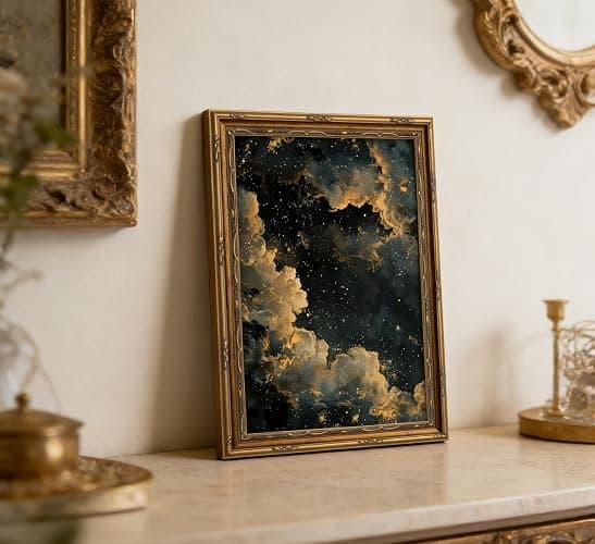 Vintage Gold Framed Moody Celestial Canvas Wall Art Retro Cloud Abstract Night Sky Stars Art Painting Picture Wall Decor Maximalist Gothic Poster Print Artwork for Living Room Bedroom thumbnail 5