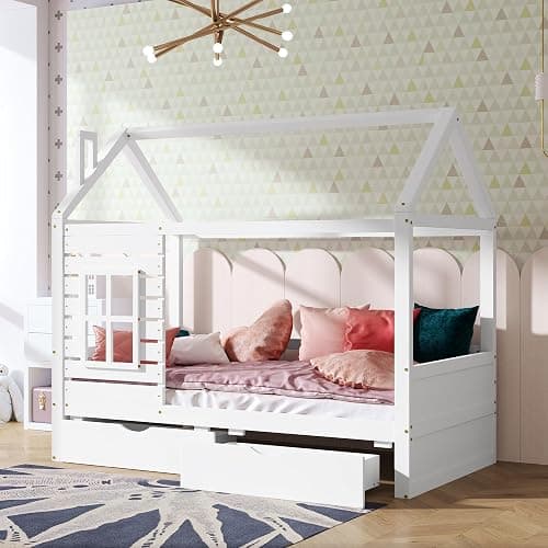 Aoowow Twin Size Kids House Bed with 2 Drawers, Wooden Twin Bed Frame with Window and Roof for Bedroom, Modern Twin Size Kid Playhouse Bed with Slats for Boys Girls, Can be Decorated, White - Image 1