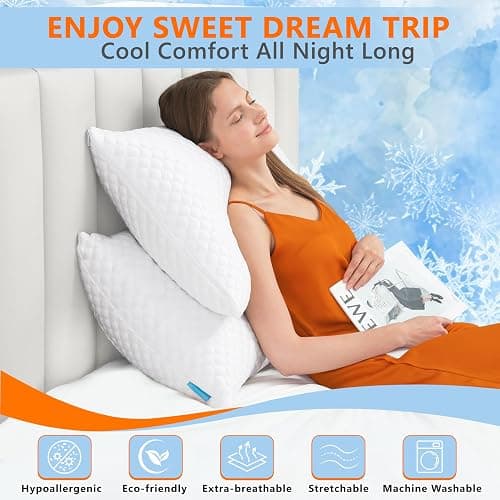 UYWO Cooling Pillows Queen Size Set of 2, Memory Foam Pillows with Zipper, Firm Bed Pillows Adjustable for Hot Side Back Stomach Sleepers thumbnail 2