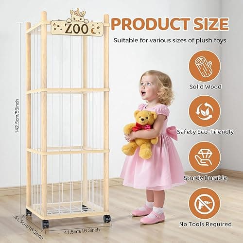 Stuffed Animal Storage Zoo Tower,56In Wooden Large Stuffed Animal Holder Organizer with Wheels,Stuffy Plushies Storage with Elastic Band&Mesh Bottom,Toy Storage Organizers for Playroom Bedroom Nursery thumbnail 3