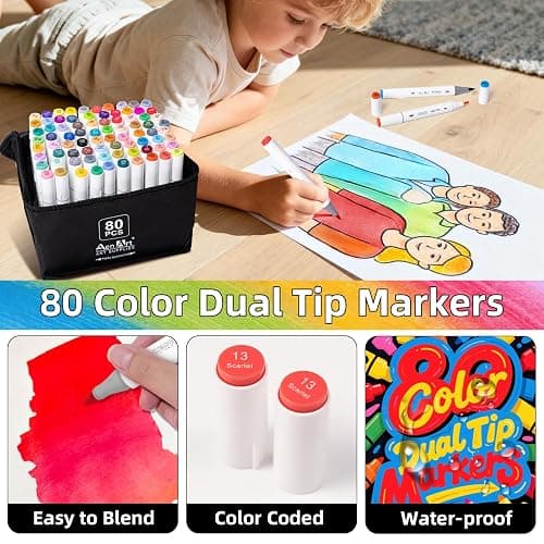 Alcohol Brush Tip Markers, 80 Colors Dual Tip Art Marker Set with Carrying Case, Perfect for Coloring Illustration, Adult Book Drawing, Sketching, Painting thumbnail 4