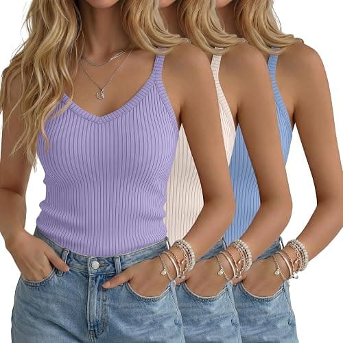 Yearntown 3 Pack Women's Ribbed Tank Tops Spaghetti Strap V Neck Slim Fit Cotton Camisole Knit Basic Sleeveless Camis Shirts - Image 1