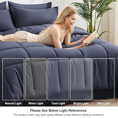 Love's cabin Full Comforter Set Indigo Blue, 7 Pieces Full Bed in a Bag, All Season Bedding Sets with 1 Comforter, 1 Flat Sheet, 1 Fitted Sheet, 2 Pillowcase and 2 Pillow Sham thumbnail 7