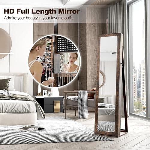 CHARMAID Jewelry Armoire with Full Length Mirror, Lockable Standing Jewelry Cabinet Organizer with Large Storage Capacity, Inside Makeup Mirror, Stable Base, Easy Assembly (Rustic Brown) thumbnail 6