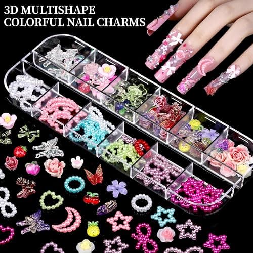 FANDAMEI Nail Charms, 8-Box Nail Charms and Gems, Fruit Bow Hawaii Flowers Petals 3D Nail Art Charms Bulk, Charms Y2K for Nails, Colorful Bubble Beads Nail Rhinestones, Gold Studs Nail Pearls for DIY thumbnail 2