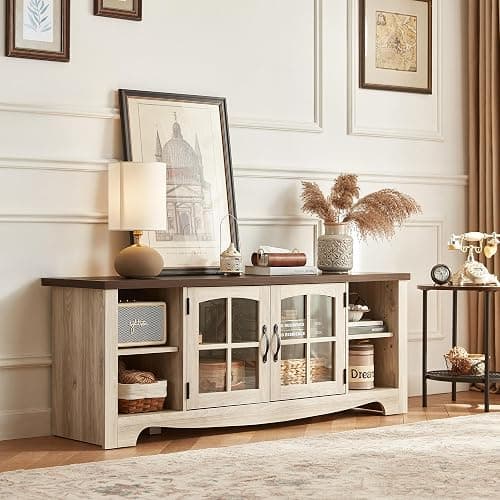 LINSY HOME Farmhouse TV Stand for 65 Inch TV, Wood Entertainment Center with Glass Door Storage Cabinet & Adjustable Shelves, Large Sturdy TV Console Table for Living Room Bedroom thumbnail 8