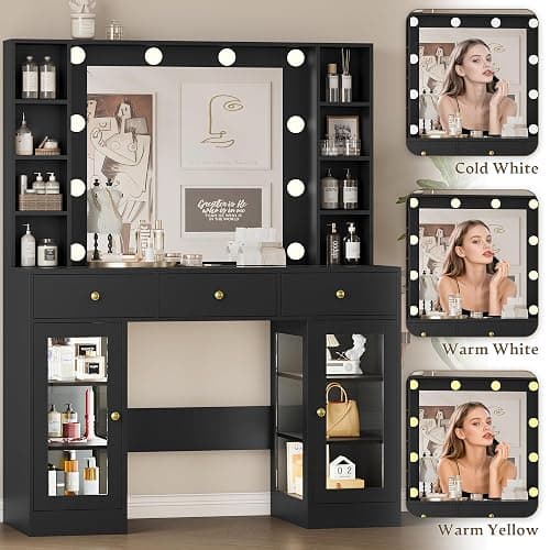 Wodeer Makeup Vanity Desk with Mirror and Lights, Black Vanity with Glass Top, LED Lights & Power Outlet, 3 Drawers & 2 RGB Glass Cabinets, Adjustable Lighted Dressing Table for Women & Girls Bedroom thumbnail 4