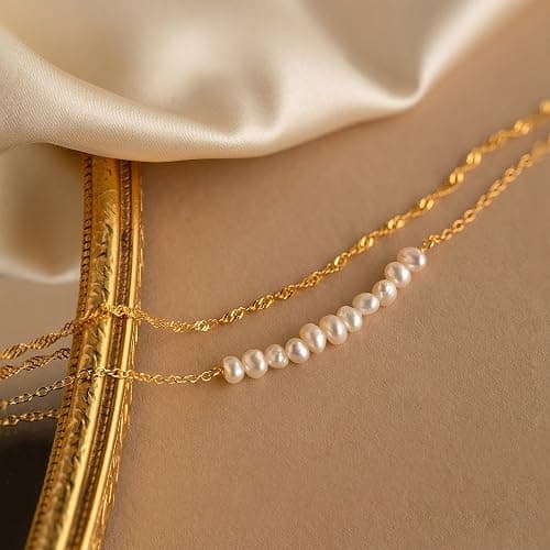 SLOONG Gold Bracelets for Women Trendy, 14K Real Gold Plated Dainty Stackable Pearl Snake Chain CZ Heart Pendant Bracelets, Layered Waterproof Jewelry Gift for Women Adjustable 6"+2" thumbnail 5
