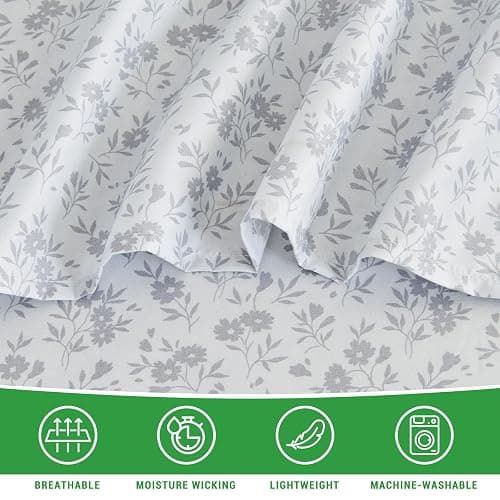 Gogreen 4PC Deep Pocket Queen Sheet Set Fit 16", Breathable Microfiber Soft Queen Size Sheet Set, Hotel Style Bed Sheet Set, Gift for Women, Men - Gray Flower thumbnail 6