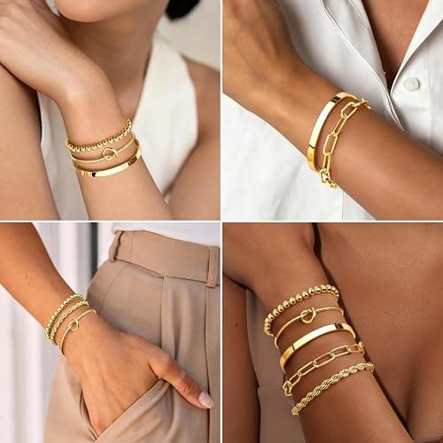 Gokeey Gold Bracelets for Women Non Tarnish, 14K Gold Plated Chunky Cuff Bracelet Gold Bangles Bracelet for Women Trendy Tie Knot Cuban Rope Paperclip Beaded Bracelet Stack Jewelry Gifts thumbnail 4