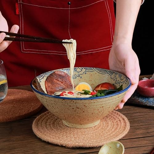 Ramen Schüssel Set 2 x 1200ml Keramik Ramen Bowl mit Essstäbchen und Löffeln,Japanisches Stil Porzellan Geschirr Suppenschüssel Groß Salatschüssel Pho Bowl,Mikrowelle & Spülmaschinenfest,Fisch thumbnail 6