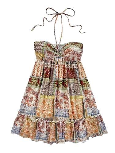 SOLY HUX Women's Summer Floral Print Mini Dress Halter Sleeveless Ruffle Hem Vacation Flowy Dresses - Image 1