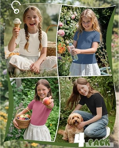 Oakgarden 4 Pack Girls T Shirts 5-14 Years Short Sleeve Ribbed Tops Crew Neck Slim Fit Summer Casual Cute Basic Tees for Kids thumbnail 2